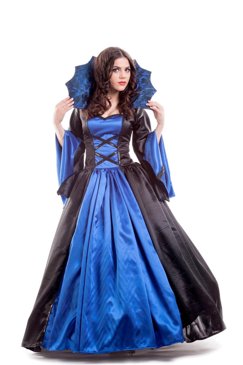 blue vampire dress Queen women's costume XS size 2 An elegant and black satin vampire costume perfect for Halloween or any costume party Mi Ami Dresses | Enrich:FEB122026 Size:D (8-10) This silver gothic witch