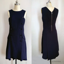 Load image into Gallery viewer, Double breasted sleeveless asymmetrical hem dress Blue crepe dress inspired by Meghan Markle