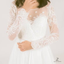 Load image into Gallery viewer, Long sleeve lace Boho or Bohemian Illusion neckline beaded wedding dress