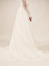 Load image into Gallery viewer, Long sleeve lace Boho or Bohemian Illusion neckline beaded wedding dress