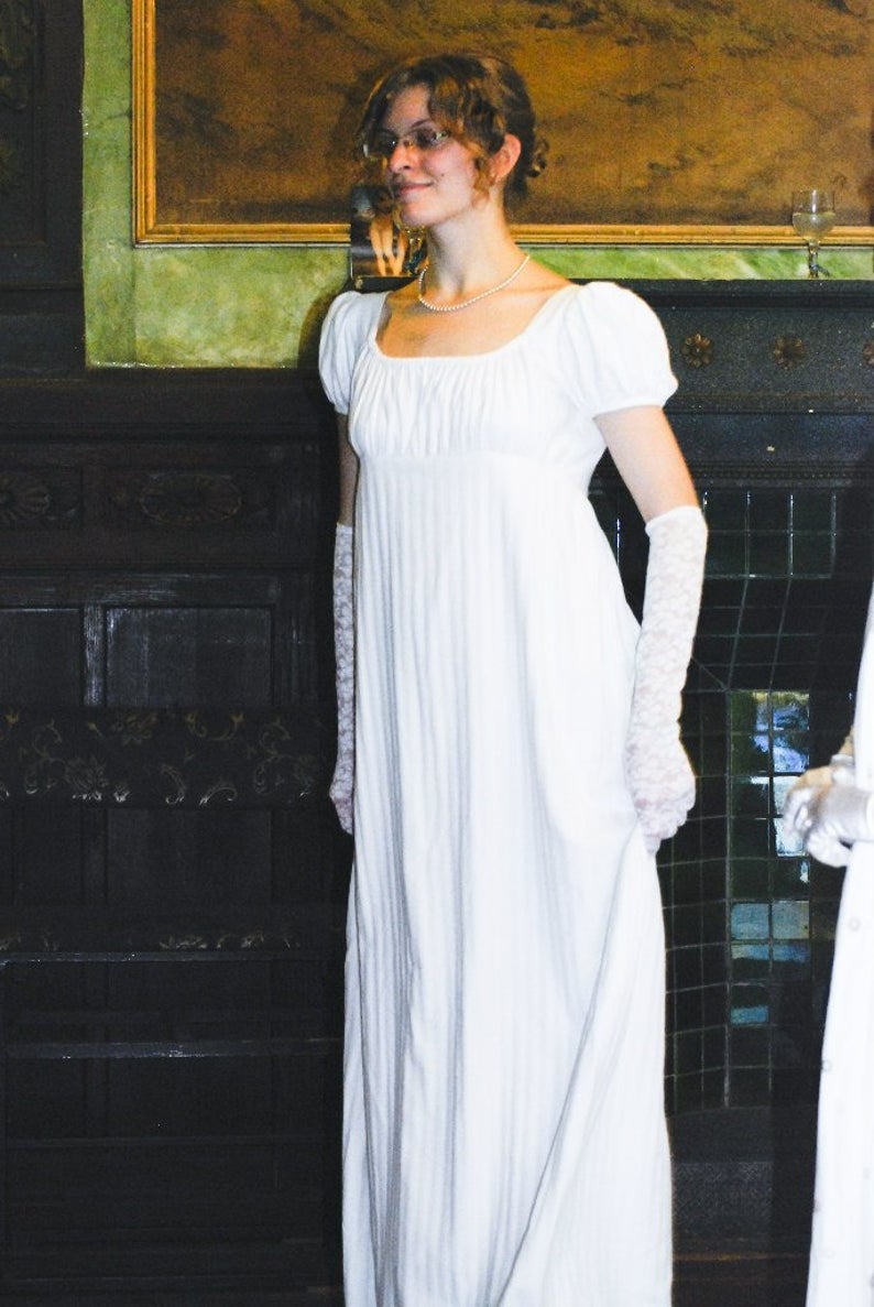white regency dress Jane Austen White High Waistline Regency Dress – MJcostume