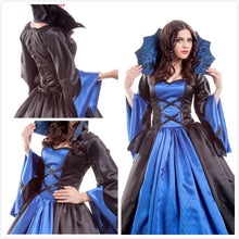 Load image into Gallery viewer, Vampire Queen women&#39;s costume XS size 2 An elegant blue and black satin vampire costume dress perfect for Halloween or any costume party