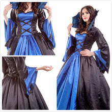 Load image into Gallery viewer, Made to Order Women&#39;s Costume Vampire Queen An elegant blue and black satin vampire dress perfect for Halloween or a costume party