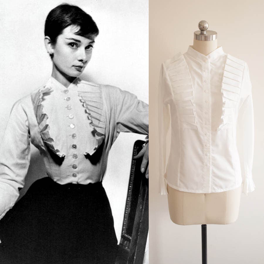 White pleated Shirt 1950s blouse Roman Audrey Hepburn blouse cosplay costume