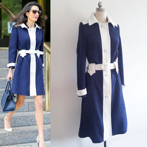 Cosplay costume Blue and White Coat Celebrity Coat  Amal Clooney Vintage Coat Inspired 1960s Coat