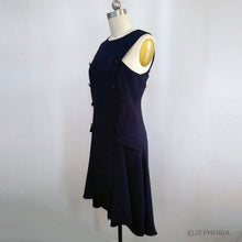 Load image into Gallery viewer, Double breasted sleeveless asymmetrical hem dress Blue crepe dress inspired by Meghan Markle