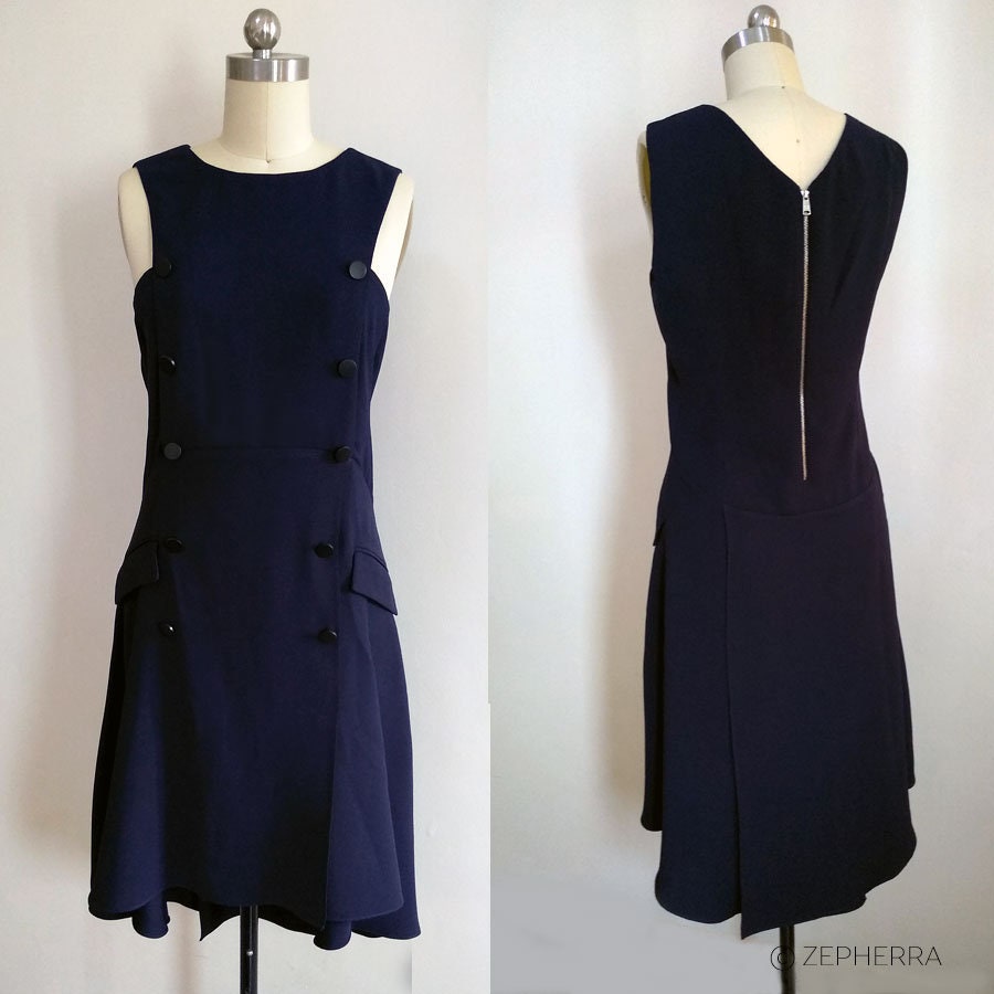 Double breasted sleeveless asymmetrical hem dress Blue crepe dress inspired by Meghan Markle