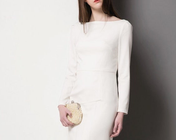 Minimalistic bridal gown Kate Middleton Boat neck long sleeves Dress MJcostume Minimalistic bridal gown Kate Middleton Boat neck long sleeves Dress MJcostume