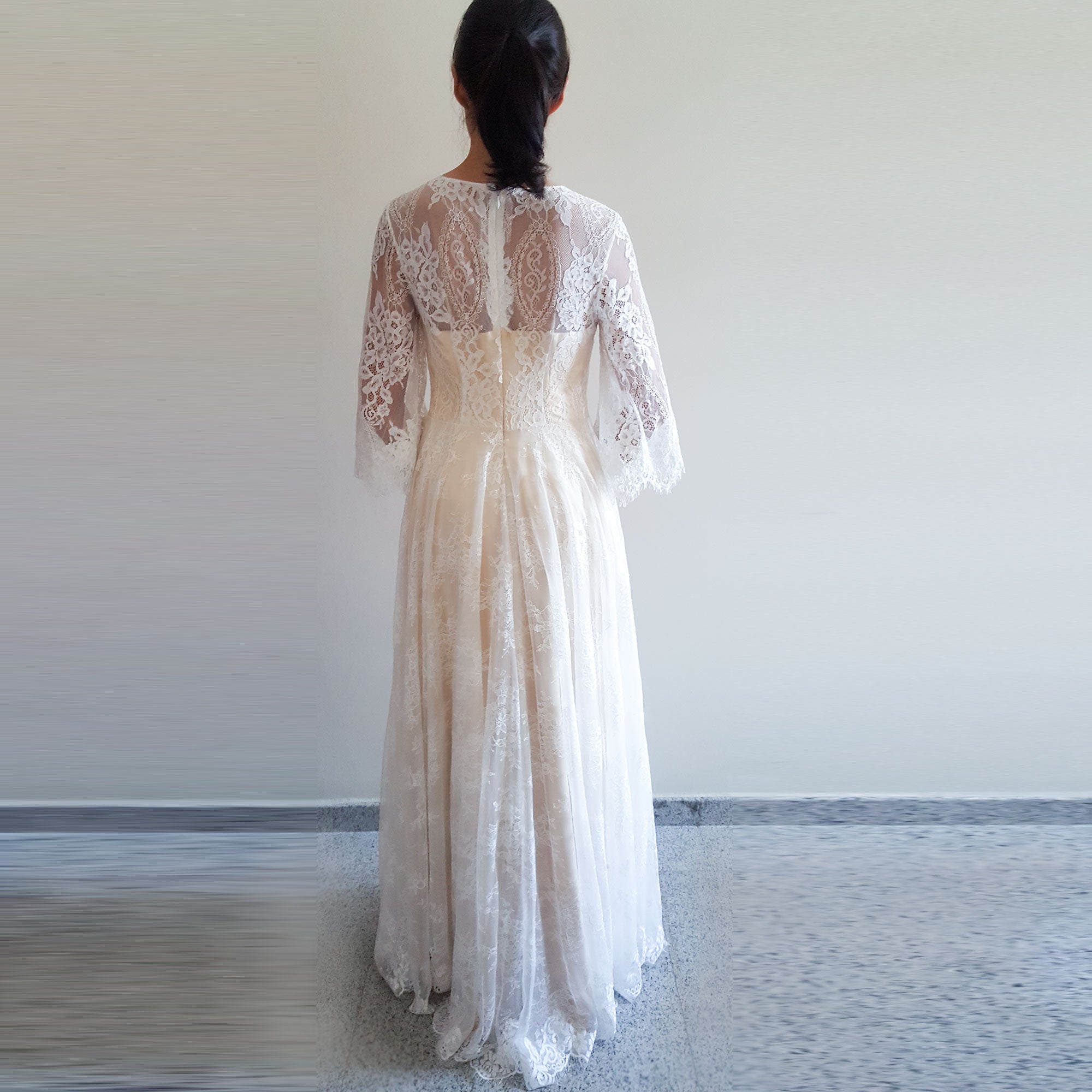 bohemian elopement dress A-Line Bohemian Lace Wedding Dress | Half Sleeves Deep-V Neckline Floor Length Elopement Beach Gown