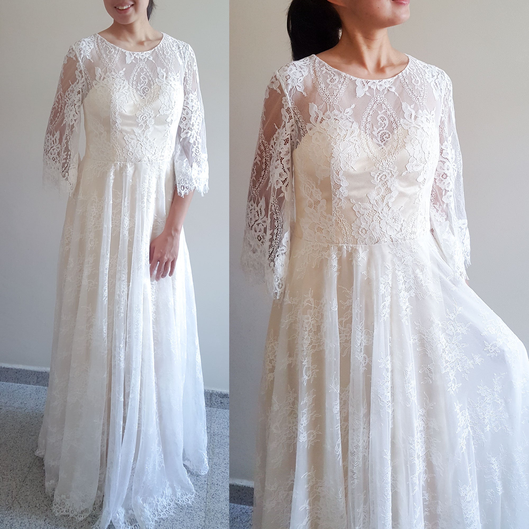 Long sleeve dramatic bell sleeve gown Boho bridal Bohemian elopement l   MJcostume