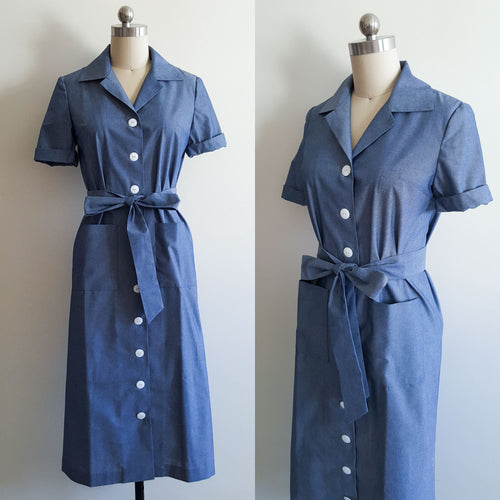 Hollywood Glamour Tailored Dress God created woman Vintage 50s Blue Shirt Dress