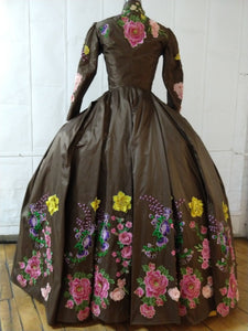 Brown silk dress with heavy floral decoration