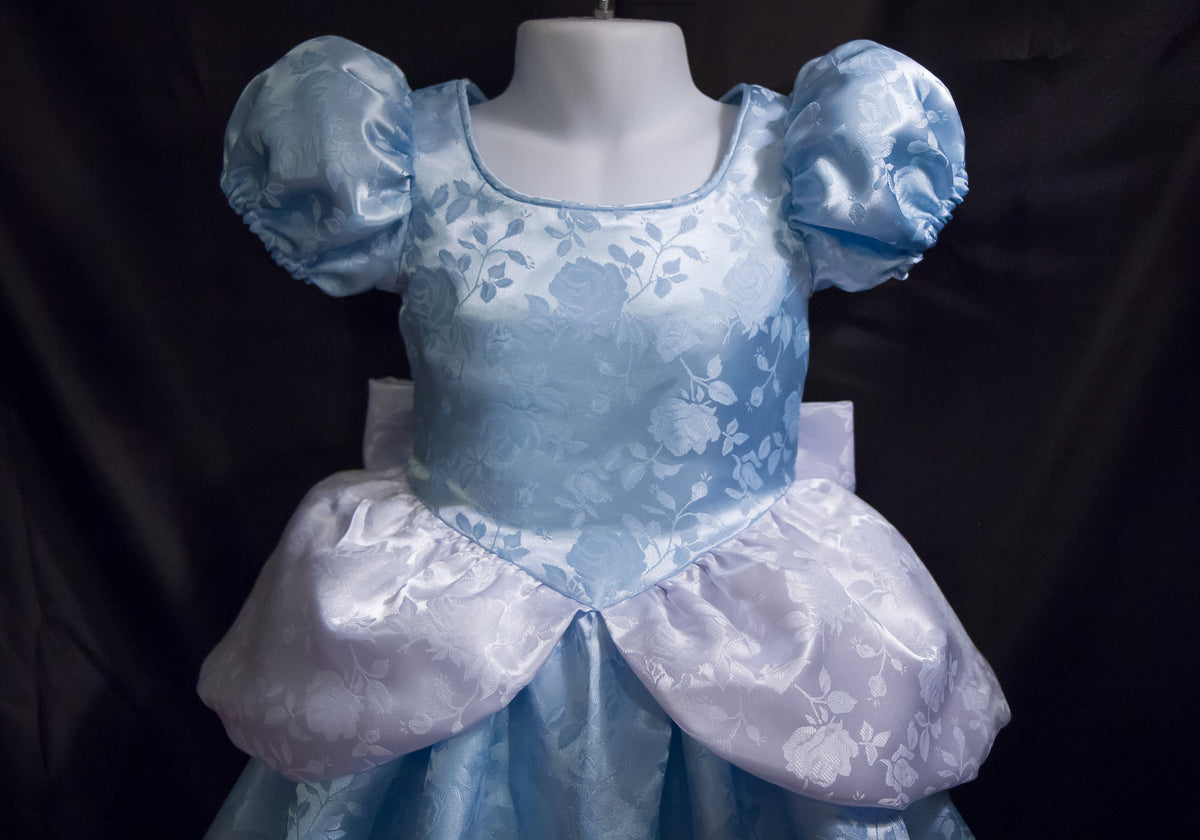 Blue White Floral Satin Brocade Child Size Cinderella Gown Costume