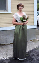 Load image into Gallery viewer, Styled lace bridesmaids Edwardian olive sage green dress