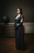 Load image into Gallery viewer, Styled lace bridesmaids Edwardian olive sage green dress