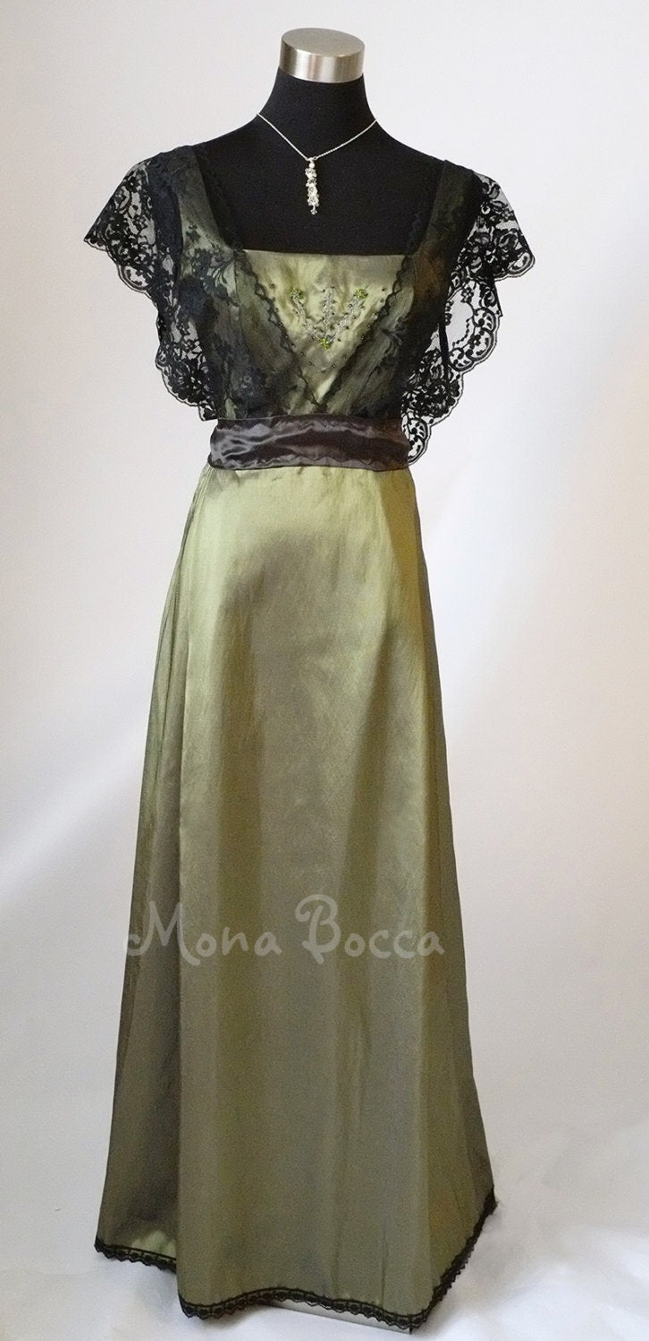 Styled lace bridesmaids Edwardian olive sage green dress