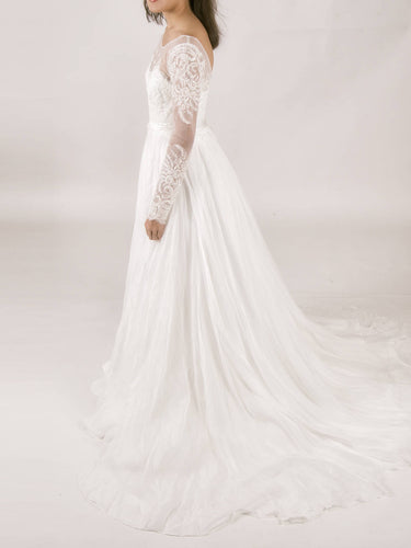 Long sleeve lace Boho or Bohemian Illusion neckline beaded wedding dress