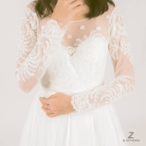 Long sleeve lace Boho or Bohemian Illusion neckline beaded wedding dress
