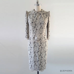 Peterpan collar Lace sleeves Pencil Peplum Khaki Lace Dress