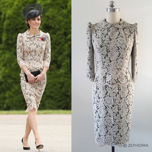 Peterpan collar Lace sleeves Pencil Peplum Khaki Lace Dress