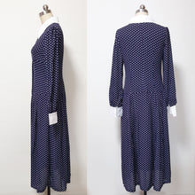 Load image into Gallery viewer, Long sleeve retro polka dot navy blue shirtdress