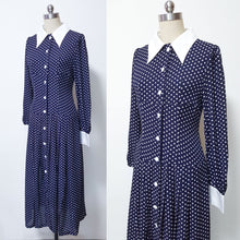 Load image into Gallery viewer, Long sleeve retro polka dot navy blue shirtdress