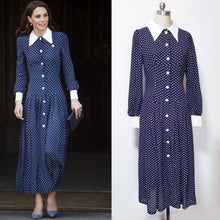 Load image into Gallery viewer, Long sleeve retro polka dot navy blue shirtdress