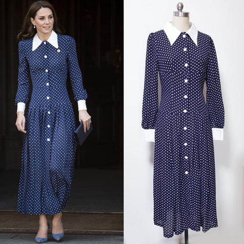 Long sleeve retro polka dot navy blue shirtdress
