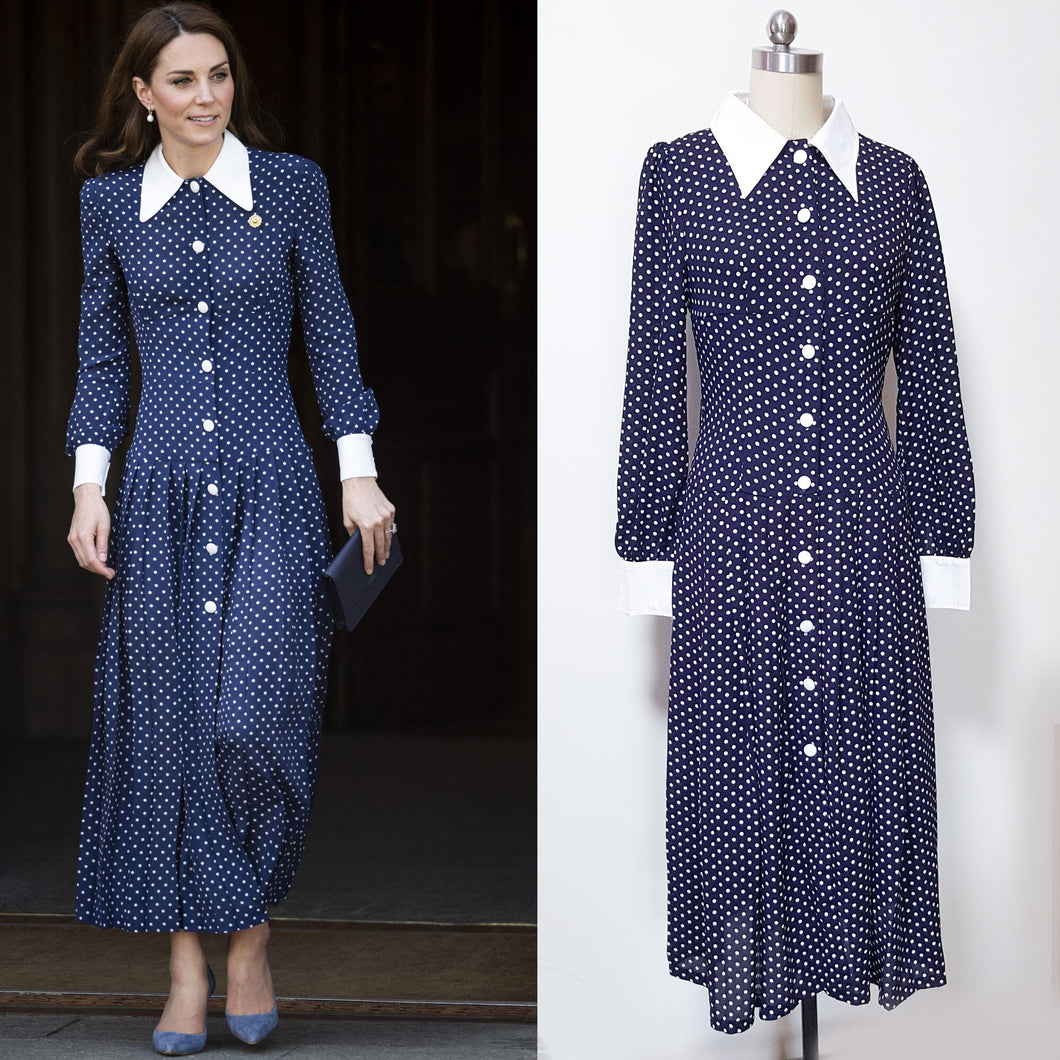 Long sleeve retro polka dot navy blue shirtdress