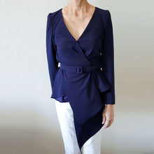 Load image into Gallery viewer, Blue wrap draped Meghan Markle peplum draped top navy belted blouse cosplay costume