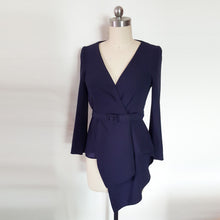 Load image into Gallery viewer, Blue wrap draped Meghan Markle peplum draped top navy belted blouse cosplay costume