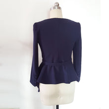 Load image into Gallery viewer, Blue wrap draped Meghan Markle peplum draped top navy belted blouse cosplay costume