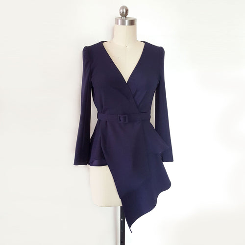 Blue wrap draped Meghan Markle peplum draped top navy belted blouse cosplay costume