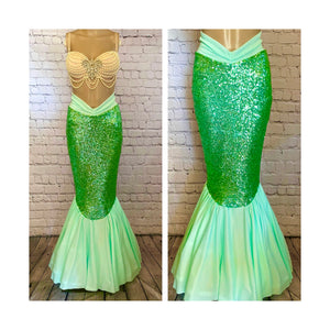 Mint Green Sequin Mermaid Costume Tail Skirt with High Waisted Slimming Design Features