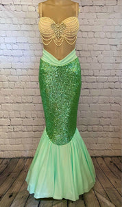 Mint Green Sequin Mermaid Costume Tail Skirt with High Waisted Slimming Design Features