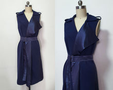 Load image into Gallery viewer, Navy cocktail dinner trench evening wrap  Meghan Markle inspired Belted satin wrap dress