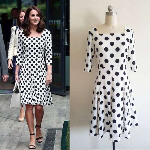 Wimbledon Duchess of Cambridge Black White Retro Polka Dot Dress