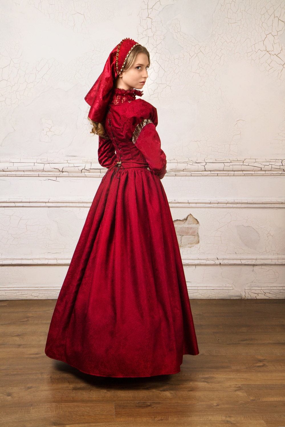 burgundy renaissance dress Burgundy Renaissance Dress, Brocade Juliet Gown With Pockets
