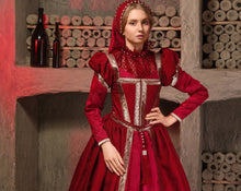 Load image into Gallery viewer, Renaissance dress MADE TO ORDER Queen of England burgundy dress in the style of sixteenth century English high fashion