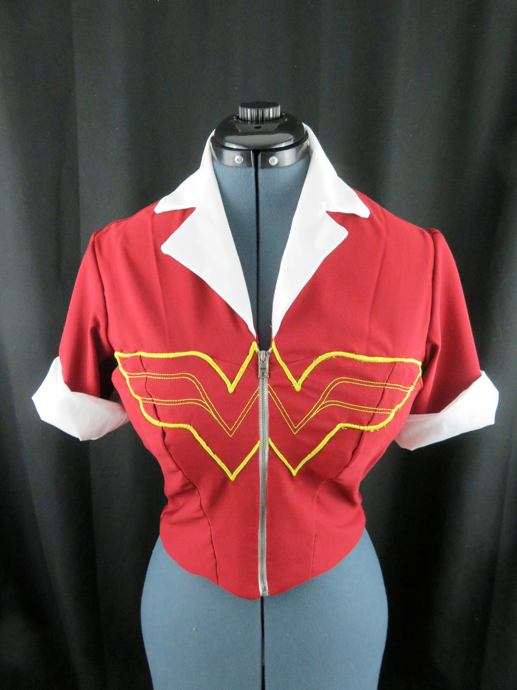 Custom Made Super hero Bombshell Zipup Top with Embroidered Front Cosplay Costume