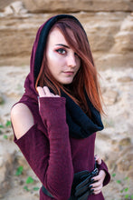 Load image into Gallery viewer, Unique dress handmade multipurpose multiway convertible with a big cowl or hood open shoulders sleeve gloves and pen skirt