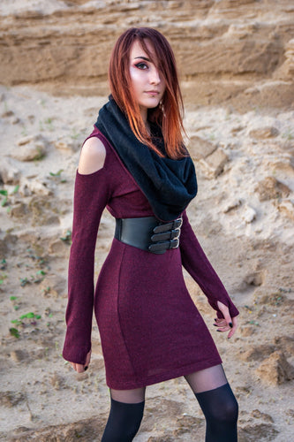 Unique dress handmade multipurpose multiway convertible with a big cowl or hood open shoulders sleeve gloves and pen skirt