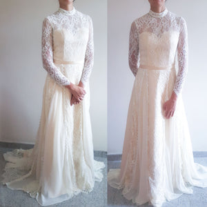 Vintage victorian style high neck Bohemian Wedding ivory cream lace wedding dress