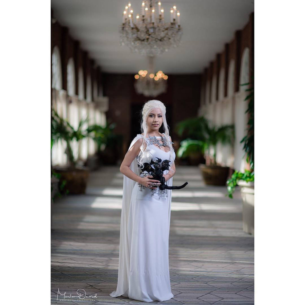 Cosplay Costume Game of Thrones White Daenerys Dragon Dress With Cape