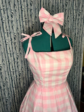Load image into Gallery viewer, Women&#39;s Custom Adult Pink and White Gingham Check Doll 50s Style Dapper Day Dress Cosplay with Bow and Belt Hairbow