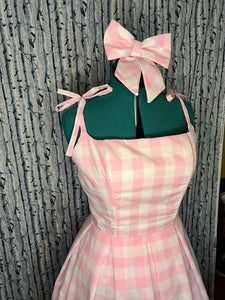 Women's Custom Adult Pink and White Gingham Check Doll 50s Style Dapper Day Dress Cosplay with Bow and Belt Hairbow