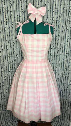 Women's Custom Adult Pink and White Gingham Check Doll 50s Style Dapper Day Dress Cosplay with Bow and Belt Hairbow