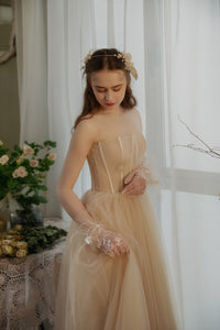 Tulle ball gown embroidered Lvory bustier bridal gown bohemian gown dress