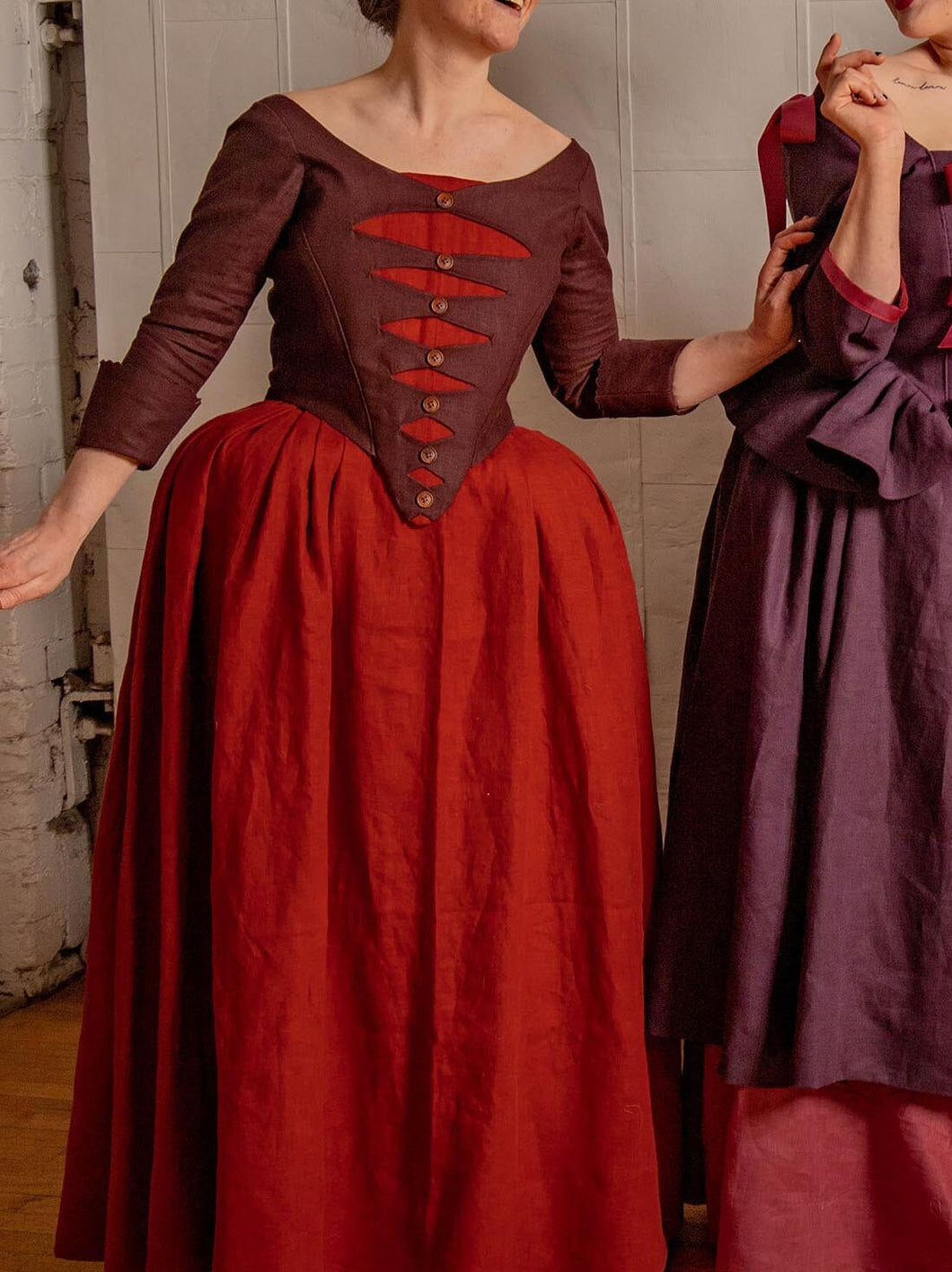 18th century button front bodice with contrasting skirt