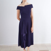 Load image into Gallery viewer, Handkerchief cocktail gown Meghan Markle Navy Barwick Dress